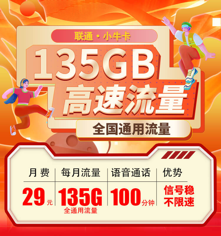 联通小牛卡29元135G流量+100分钟+可选号